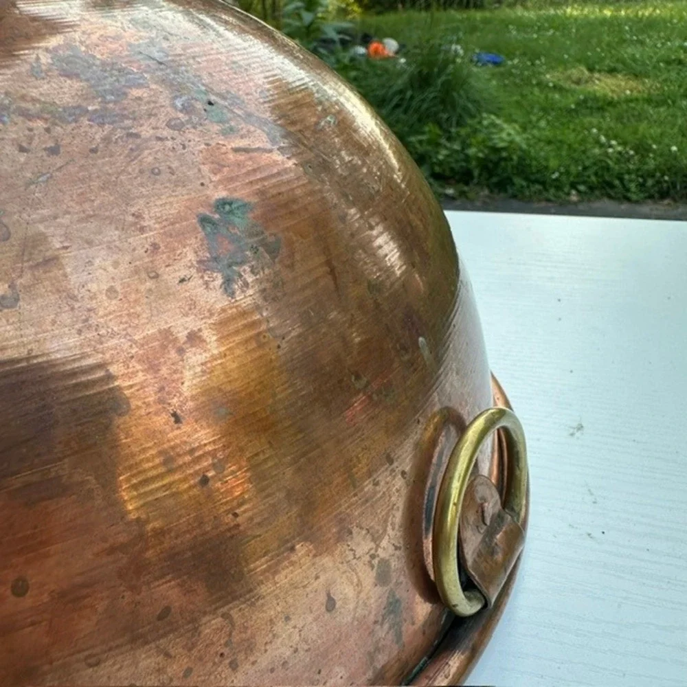 Vintage Copper Mixing Bowl Round Brass Ring Handle Farmhouse Kitchen 11.5